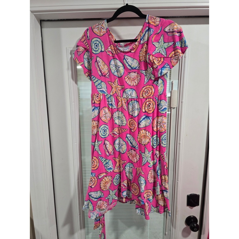 Simply Southern Pink Seashell Starfish Print Ruffle Hem Dress Medium